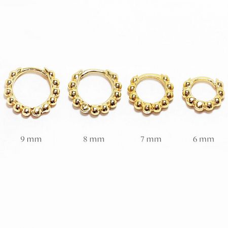 Four gold bead hoop earrings lined up to show the different available sizes from 6mm to 9mm.