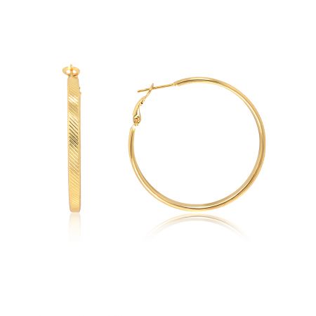 Medium Textured Single Hoop Earring - A pair of medium-sized gold textured hoop earrings, shown from the side and front view against a white background.