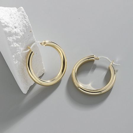 925 Sterling Silver Small Thick Hoop Earrings - Wholesale Set - A pair of 18K gold-plated 925 sterling silver small thick hoop earrings displayed on a white stand, showcasing their minimalist and chunky design.