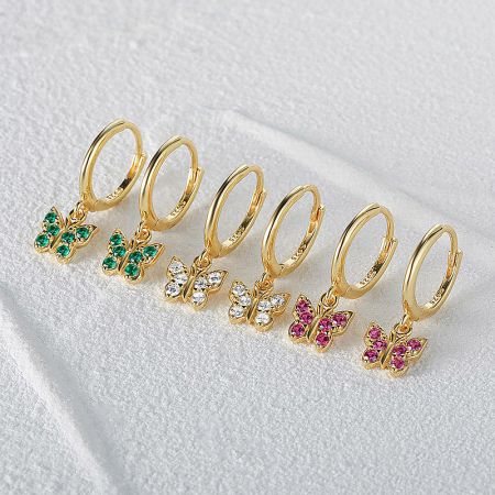 A beautiful collection of gold-plated sterling silver butterfly earrings with various zircon color options.