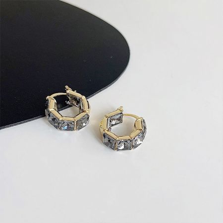 Gold-Plated Double-Side Glass Rhinestone Crystal Cube Hoop Earrings (Set of 5 Pairs) - A close-up of gold-plated crystal cube hoop earrings with clear, sparkling glass rhinestones, showcasing their elegant design.