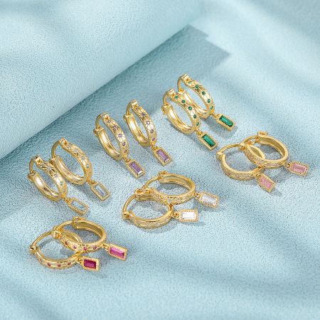 Full set of five pairs of 925 sterling silver square color zircon hoop earrings.