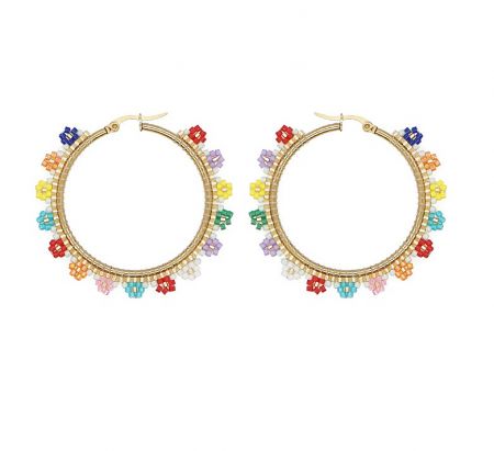 Beaded Flower Earrings - A pair of Beaded Flower Earrings (JRE-183) with colorful, flower-shaped beads on a gold-plated hoop, showcasing a vibrant design from the Spring/Summer collection.