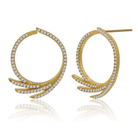 Detailed close-up of the Gold Plated Cubic Zirconia Circle Earrings, showing the intricate feather-like pattern of the cubic zirconia stones.