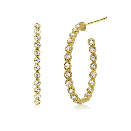 Angled view of the Bezel Set Gold Plated Hoop Earrings, highlighting the bezel-set cubic zirconia stones.