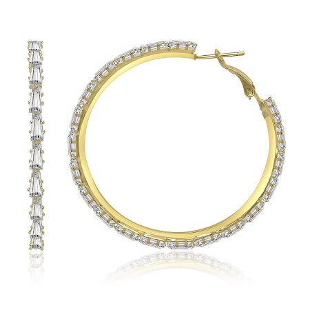Side view of the gold hoop earrings highlighting the sparkling cubic zirconia stones.