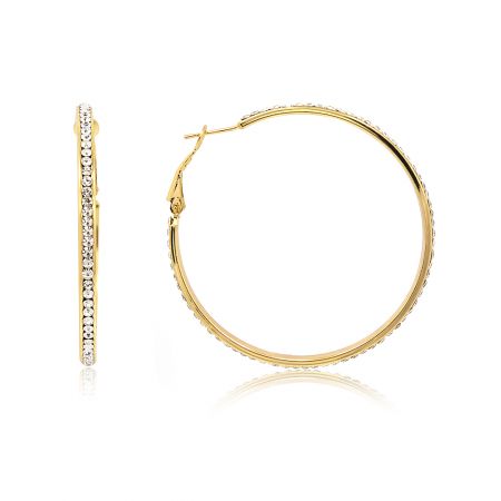 Gold Hoop Crystal Earrings - A pair of elegant gold hoop crystal earrings, style FEQ01-G-C-00260, featuring sparkling white Czech crystals on a gold-plated iron base.