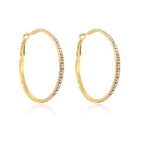 Detailed view of the gold hoop crystal earrings showcasing the lever back closure and crystal setting.