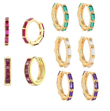 A collection of Baguette Mini Huggies Hoop Earrings available in various gemstone colors.