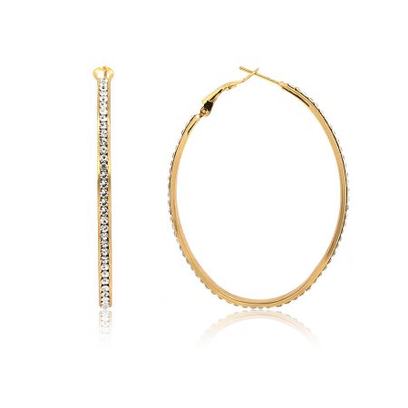 Cute Gold Hoop Huggie Earring - A pair of Cute Gold Hoop Huggie Earrings with a polished gold finish, adorned with sparkling white Czech crystals along the outer edge.