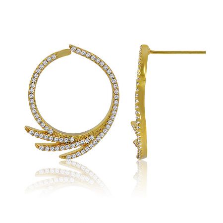 Side view of the Gold Plated Cubic Zirconia Circle Earrings, highlighting the unique curved design and gemstone setting.