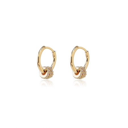 Detailed view of the gold hoop earrings showcasing the clear cubic zirconia gemstones.