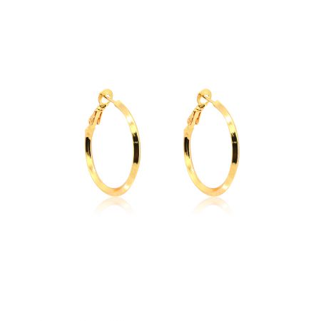 Detailed view of the small gold hoop earrings, highlighting the hinged lever back clasps for easy and secure wear.