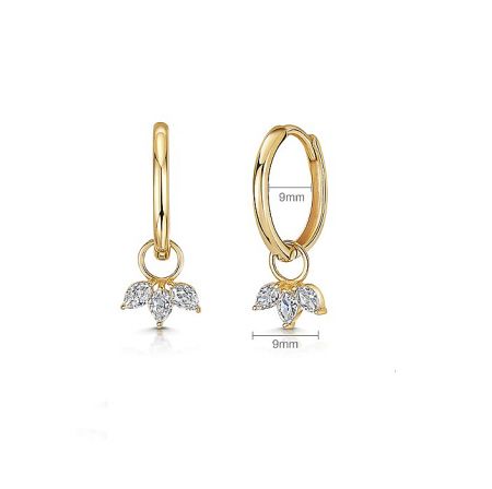 Detailed view of the Horse Eye Huggie Earrings showcasing the leaf-shaped cubic zirconia pendants.