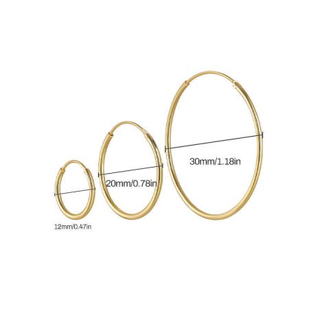 Detailed measurements of the gold hoop earrings: 12mm, 20mm, and 30mm.