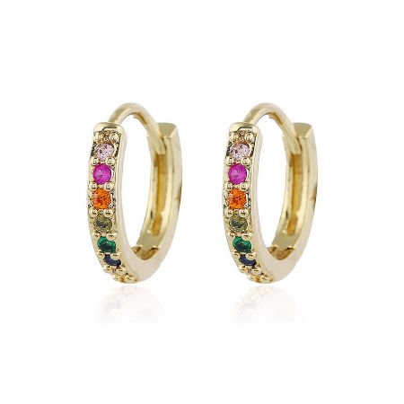 CZ Pave Rainbow Colour Hoops - A close-up studio shot of the CZ Pave Rainbow Colour Hoops, showcasing the vibrant multi-color cubic zirconia stones on the gold-plated brass earring.