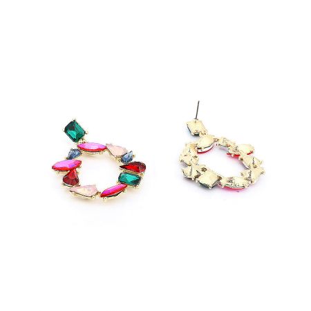 Full view of the gold hoop earrings adorned with vibrant, multicolored gemstones, highlighting their elegant drop design.