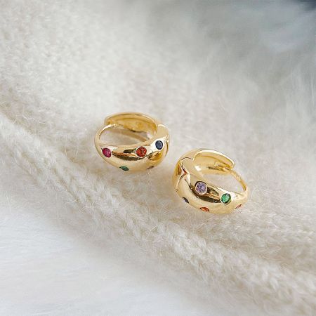 14k Gold Plated Colorful Zircon Inlaid Wide Hoop Earrings (5 pairs) - A pair of 14k gold-plated wide hoop earrings with a vibrant array of colorful zircon inlays, displayed against a clean white background.