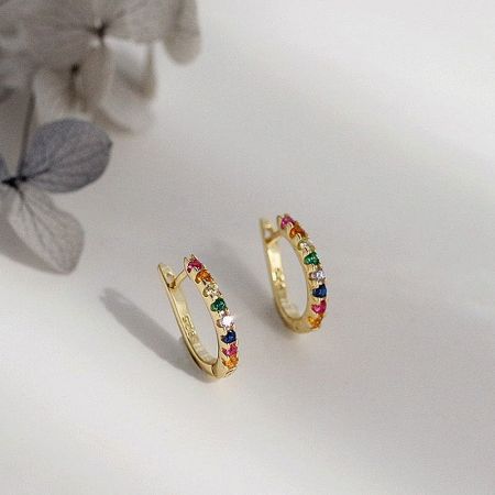 Gold variant of the rainbow rhinestone hoop huggie earrings.