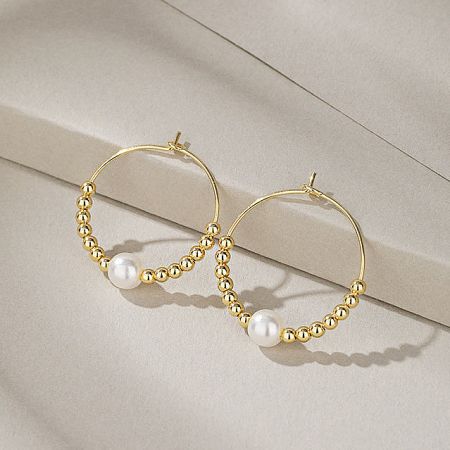 925 Sterling Silver Pearl Beads Ear Buckle Hoop Earrings (5 Pairs) - A pair of elegant 925 sterling silver hoop earrings with a gold finish, adorned with a central pearl and delicate gold beads.
