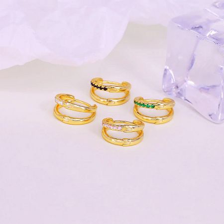 925 Sterling Silver Double-Circle Cartilage Hoop Earrings (Set of 5) - A collection of 925 sterling silver double-circle cartilage hoop earrings in a gold finish, showcasing various stone color options including white, black, pink, and green.