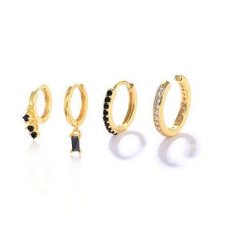 Sterling Silver Black Cubic Zirconia Huggie Set - A set of four Sterling Silver Black Cubic Zirconia Huggie earrings with gold plating, showcasing different designs with stone embellishments.