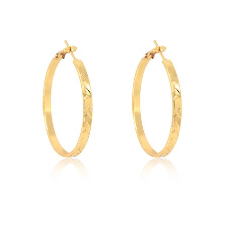 Side view of the gold hoop earring, highlighting its textured exterior and secure lever back closure.