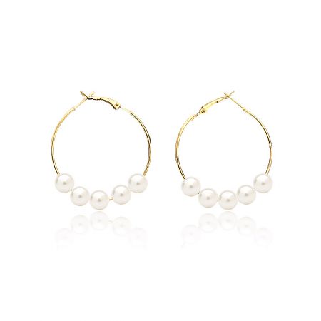 Pearl Hoop Earrings - A pair of elegant gold-plated pearl hoop earrings, style JRE-042, featuring five white pearls on each hoop, shown against a clean white background.