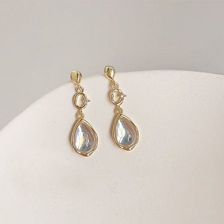 14k Gold Plated Clear Glass Water Drop Earrings (5 Pairs) - A pair of 14k gold plated water drop earrings with iridescent clear glass teardrop stones on a white background.