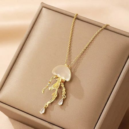 The gold jellyfish pendant elegantly displayed on a jewelry box, perfect for gifting.