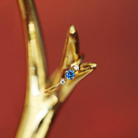 Angled view of the elegant gold-plated birthstone ring on a neutral background.