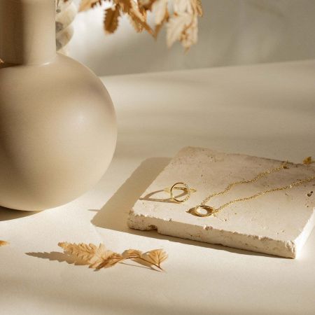 The dainty circle pendant necklace displayed elegantly with matching accessories.