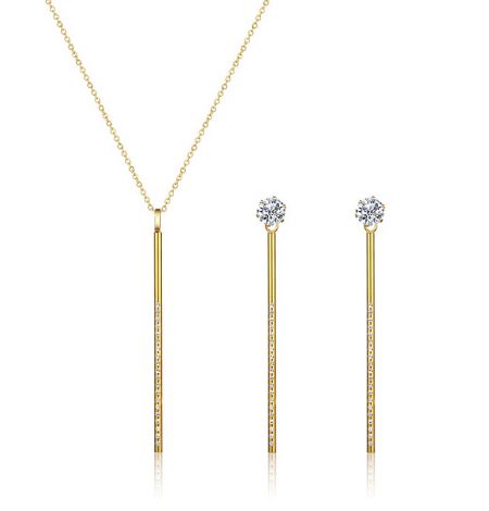 Wholesale Bar Dangle Necklace Set - Wholesale Bar Dangle Necklace and Earring Set in gold, crafted from stainless steel and embellished with sparkling white crystals.