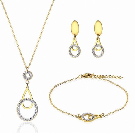 Wholesale Crystal Bridal Jewelry Set - Complete wholesale crystal bridal jewelry set in gold-plated stainless steel, featuring a necklace, earrings, and bracelet with clear stones.