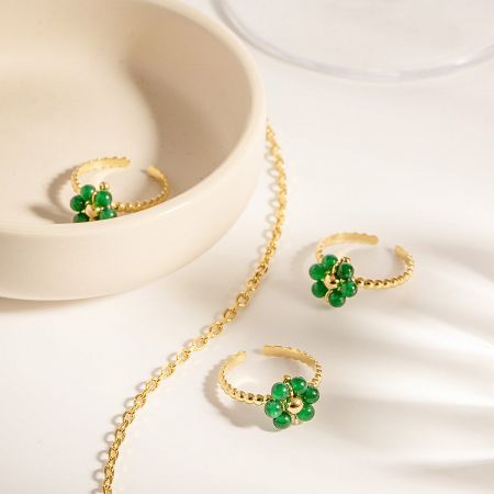 Stainless Steel Gold Green Natural Stone Flower Open Rings (Set of 5) - A set of 5 stainless steel open rings with a gold finish, each featuring unique green natural stone flower designs.