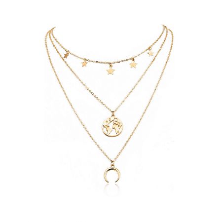 A collection of gold layered necklaces including the star, world map, and moon pendant set, displayed on a neutral background.
