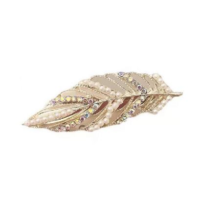 Pearl Crystal Leaf Hair Accessory - Pearl Crystal Leaf Hair Accessory featuring a gold-plated leaf design with elegant pearls and sparkling crystal gemstones.
