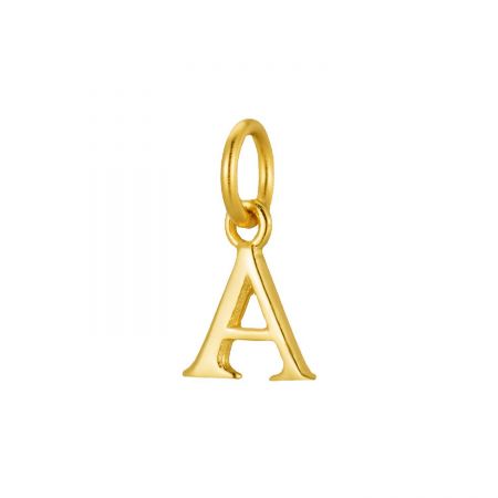 A detailed close-up of the gold-plated 925 sterling silver letter 'A' charm.