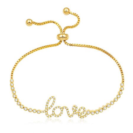 Love Letter Adjustable Cubic Zircon Bracelet - Close-up of the Love Letter Adjustable Cubic Zircon Bracelet in gold, showcasing the sparkling 'love' script charm.