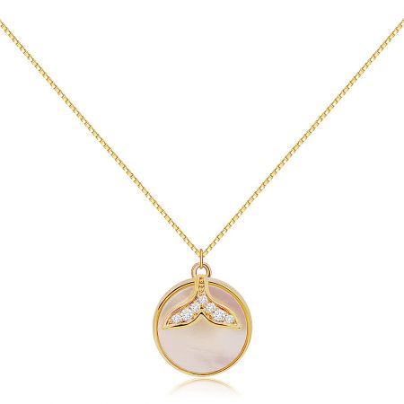 Whale Tail Shell Disc Necklace - Gold-plated Whale Tail Shell Disc Necklace, showcasing the detailed mermaid tail charm with AAA Cubic Zirconia and the round shell pendant.