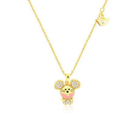 Detailed view of the gold Minnie Mouse style pendant necklace.