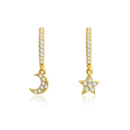 Moon And Star Huggie Earrings - A detailed studio shot of the gold-plated Moon and Star Huggie Earrings, showcasing the intricate cubic zirconia stones on the celestial charms.