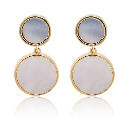 Double Round Shell Disc Earrings - A pair of Double Round Shell Disc Earrings with a gold-plated finish, featuring a two-layered design with white and blueish-gray mother-of-pearl discs against a white background.