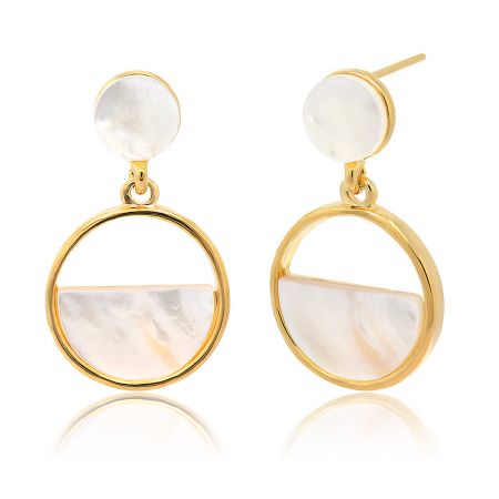 Close-up of the Circle White Shell Earring, highlighting the lustrous mother-of-pearl inlay and gold finish.