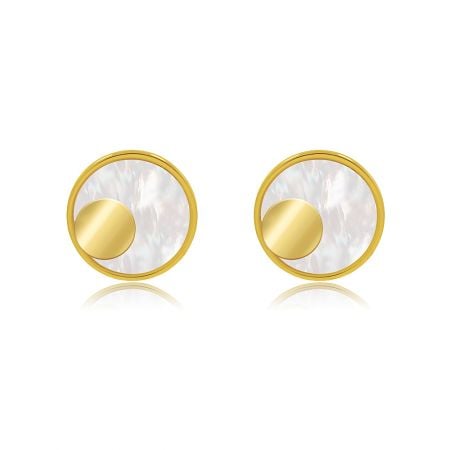 A pair of Contemporary Style Shell Disc Studs shown from a different angle, highlighting their unique design and lustrous finish.