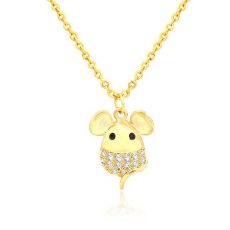 Side view of the gold mouse pendant necklace, highlighting the intricate details and gemstone settings.