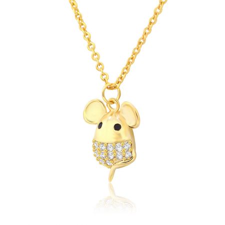 Another angle of the gold mouse-shaped pendant, displaying its polished finish and sparkling gemstones.
