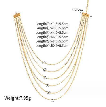 Detailed specifications of the stainless steel layered necklace, showing dimensions and weight.