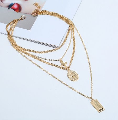 Custom Gold Layered Religious Pendant - A beautifully crafted custom gold-layered religious pendant necklace with multiple strands, showcasing the detailed craftsmanship available from JR Fashion Accessories.