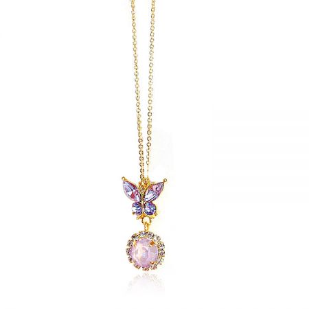 Full view of the gold-plated butterfly necklace with gemstone pendant against a white background.